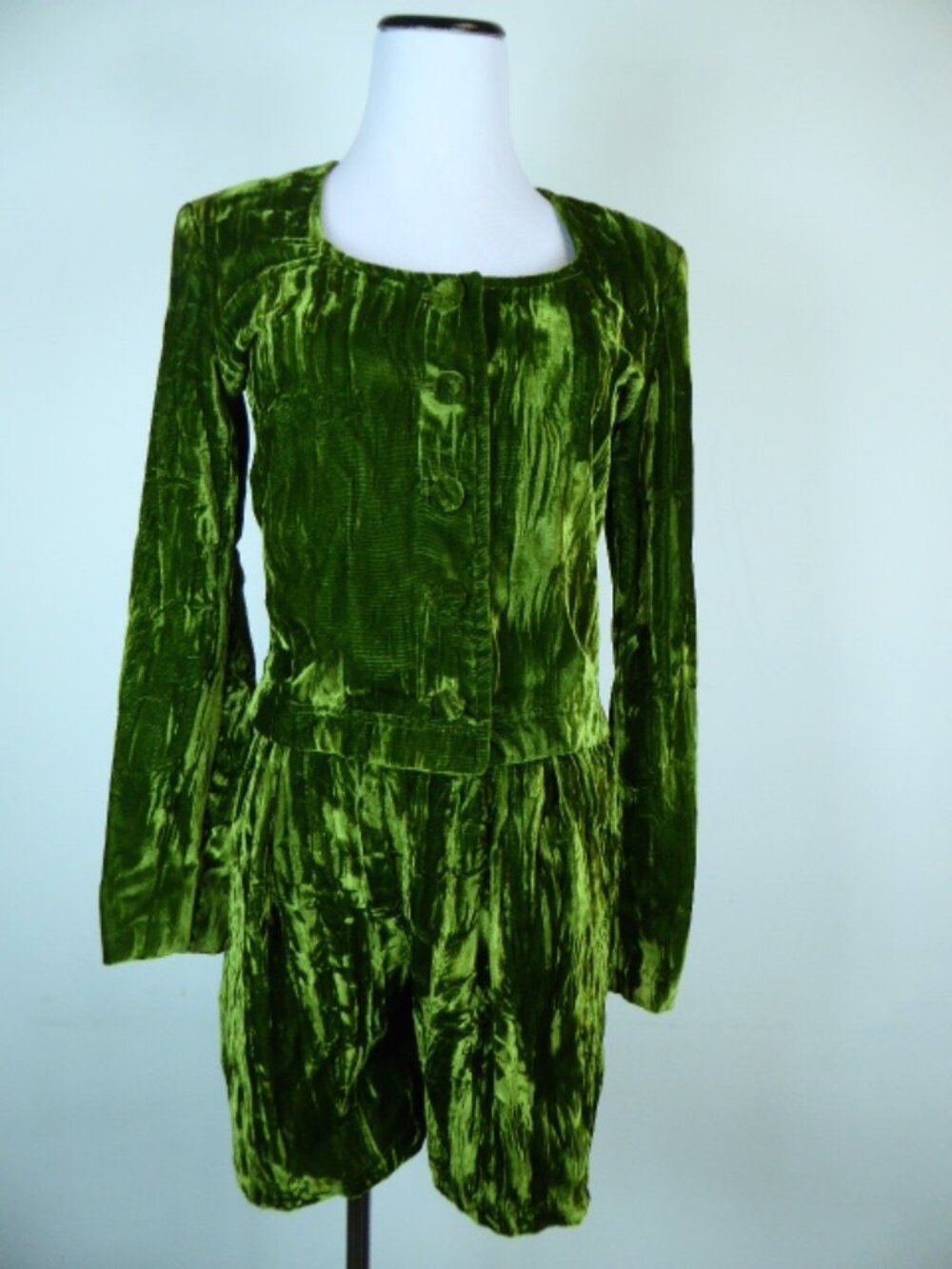 VINTAGE BETSEY JOHNSON Punk green VELVET JACKET SHORT Set ensemble 80s 2 4 - Picture 4 of 11